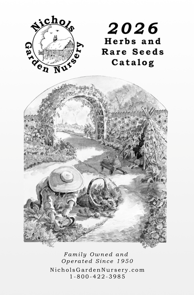 Cover of Nichols' Garden Nursery 2026 Herbs and Rare Seeds Catalog with garden scene illustration.