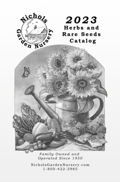 A black and white version of the Nichols Garden Nursery 2023 catalog cover