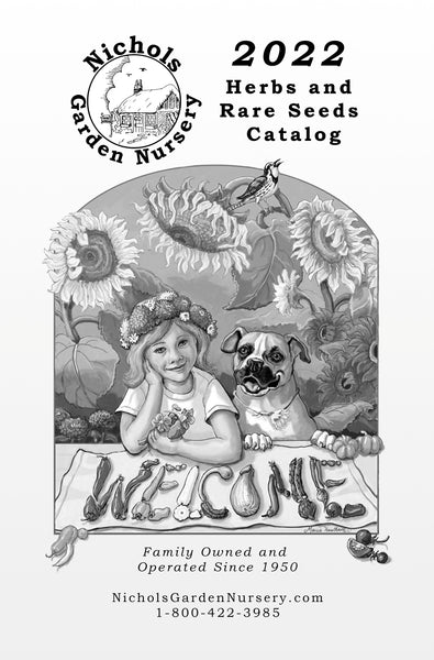 A black and white version of the Nichols Garden Nursery catalog cover