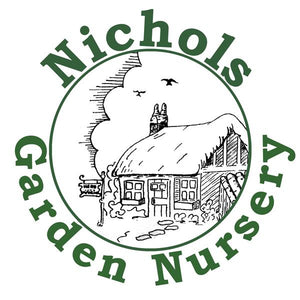 Nichols Garden Nursery Name in text, drawing of cottage with two birds flying above.